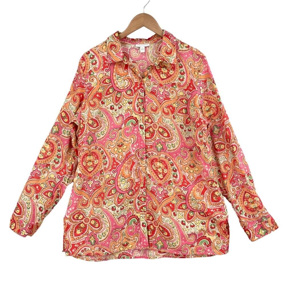 Charter Club 100% Linen Floral Paisley Womens XL Long Sleeve Button Up Shirt